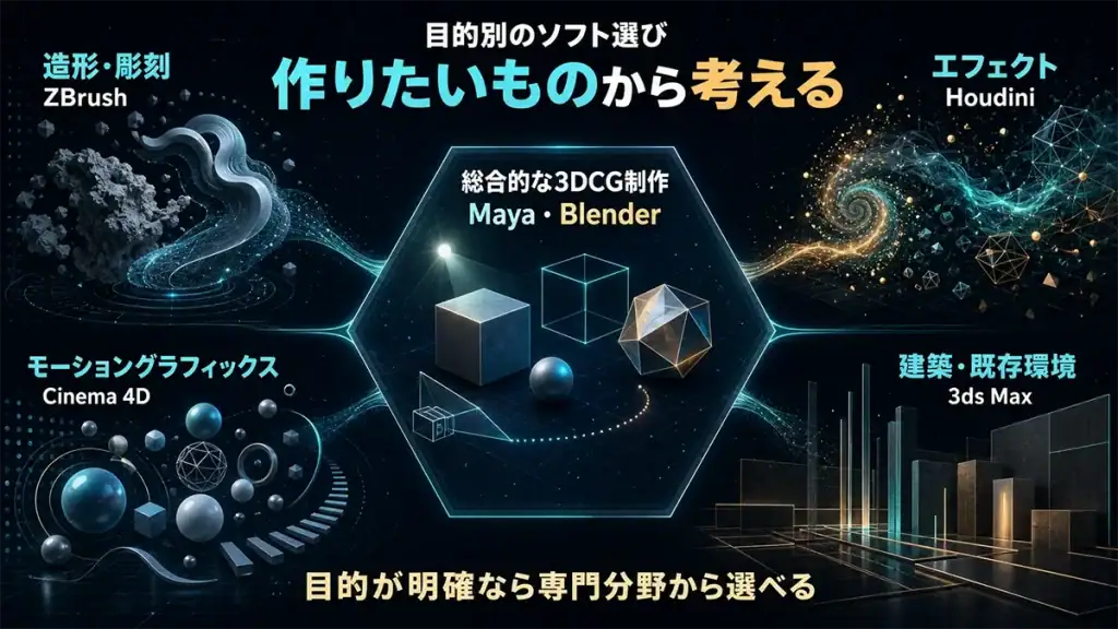 総合的な3DCG制作と造形やエフェクトなどの目的からソフトを選ぶ考え方
