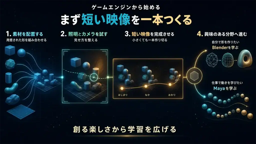 Unreal Engineで素材の配置や照明やカメラを体験してからMayaやBlenderへ学習を広げる流れ
