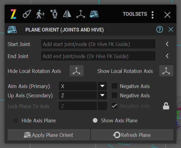 plane orient(joints and hive)のインターフェイス