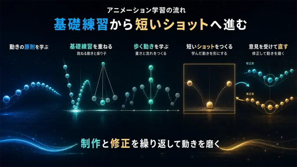 Mayaでアニメーションの原則と基礎練習を学びショット制作とフィードバックで改善する流れ
