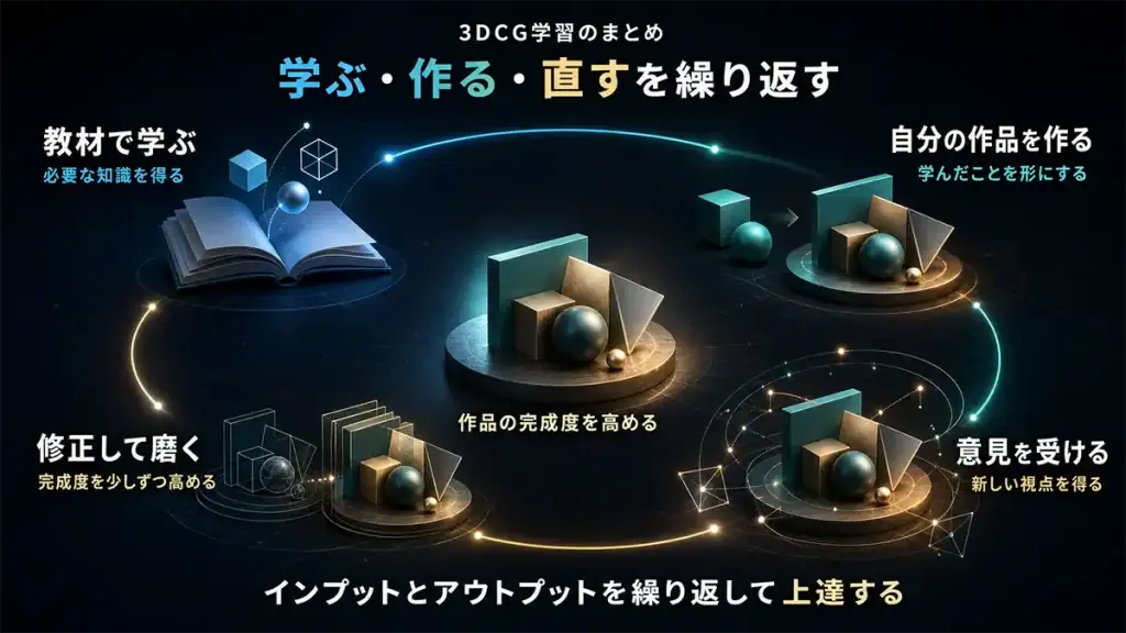 教材で学び作品を作りフィードバックを受けて修正する3DCG学習の反復
